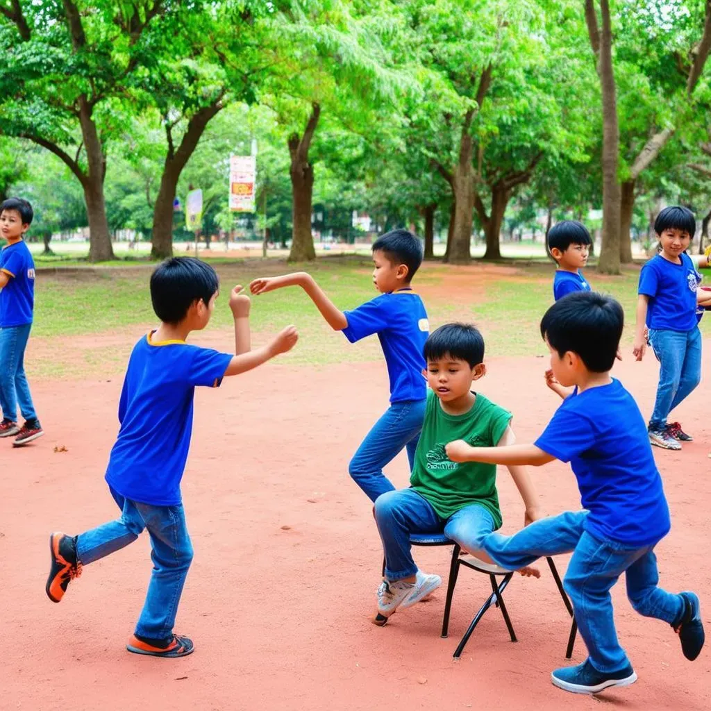 Cảnh các em nhỏ đang hào hứng chơi trò chơi dân gian Trồng Nụ Trồng Hoa