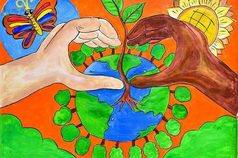 Mẫu tranh vẽ với hình ảnh Trái Đất được bảo vệ bởi đôi tay con người
