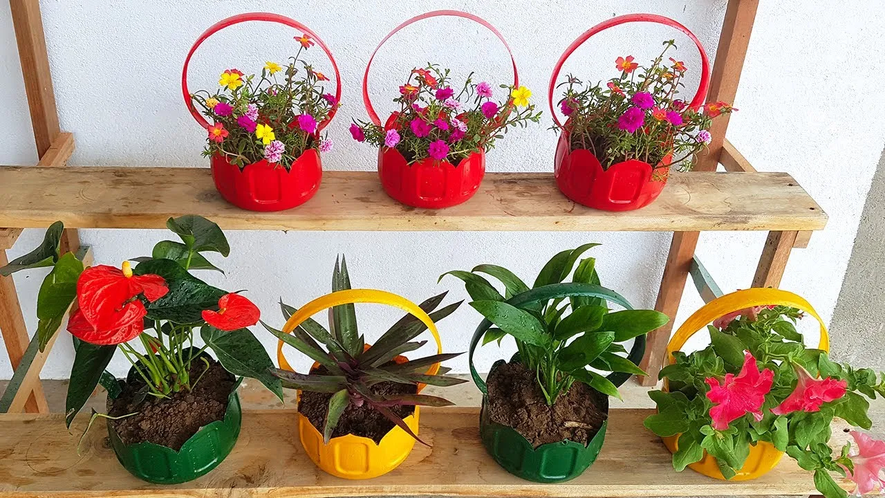 Các kiểu chậu hoa tái chế từ chai nhựa với hình dạng đáng yêu và màu sắc sặc sỡ