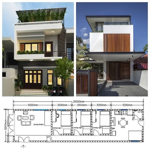 Mẫu nhà phố 2 tầng mặt tiền hẹp, sử dụng hệ cột đối xứng