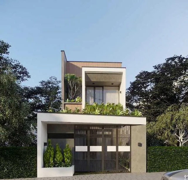 Phối cảnh mặt tiền nhà ống 1 trệt 1 lầu hiện đại, tối ưu hóa chi phí