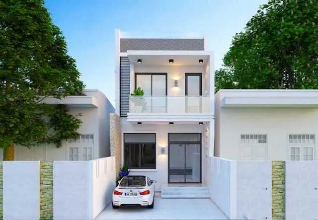 Mẫu nhà ống 2 tầng 4x10m với sự kết hợp màu sắc tinh tế và cây xanh