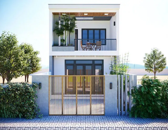 Mẫu nhà phố 2 tầng hiện đại với ban công kính và màu sắc trang nhã