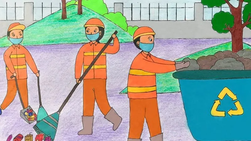 Tranh vẽ cảnh chung tay thu gom rác để bảo vệ môi trường