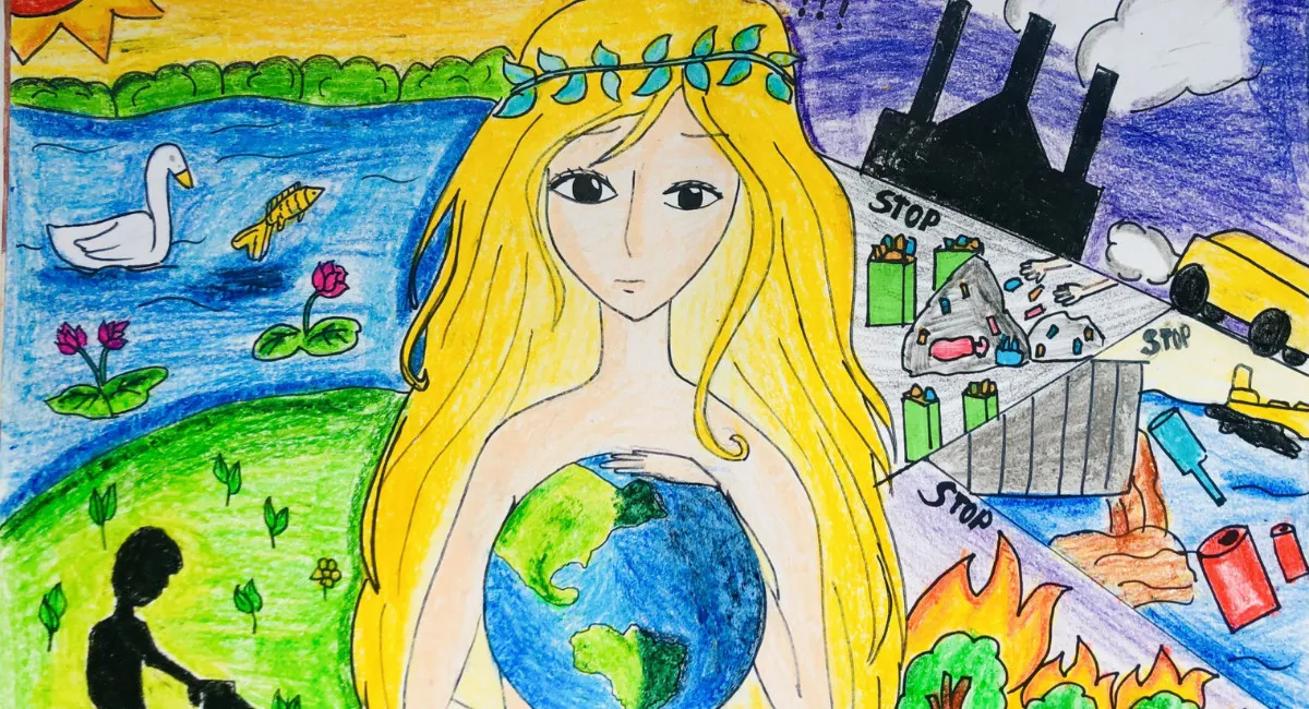 Tranh vẽ cảnh rừng xanh bạt ngàn, kêu gọi bảo vệ môi trường rừng