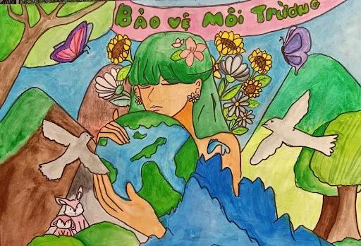 Tranh vẽ về sự tàn phá rừng và hậu quả, nhấn mạnh việc bảo vệ môi trường
