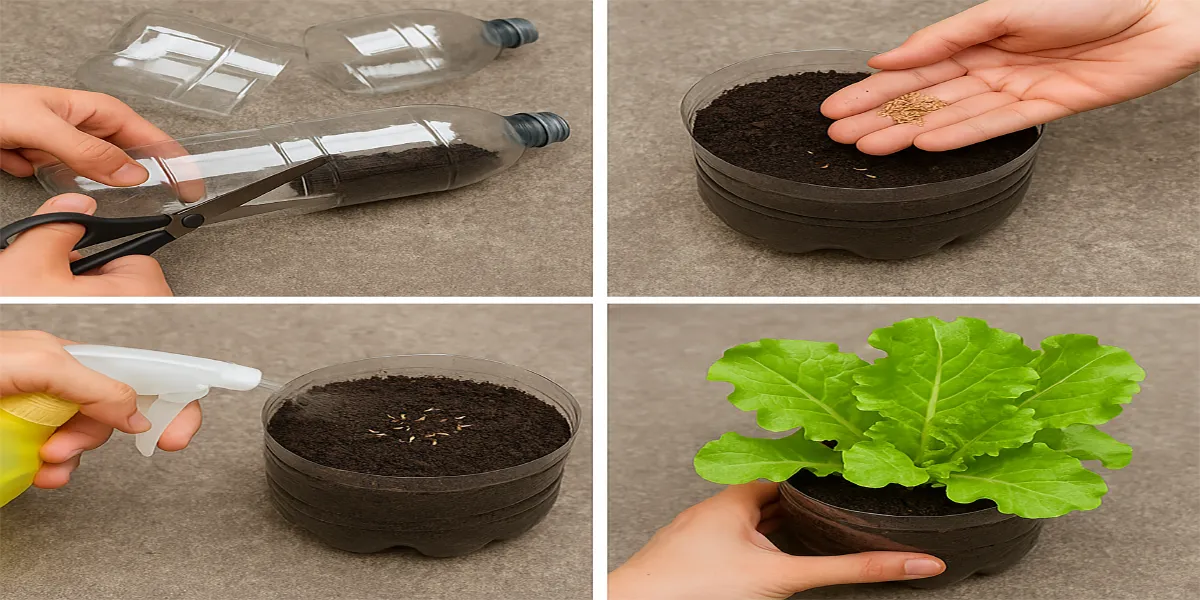 Hệ thống trồng rau trong chai nhựa được treo trên ban công tận dụng không gian hẹp