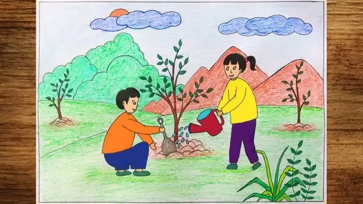 Vẽ chi tiết hố trồng, đất và dụng cụ làm vườn khi thực hiện cách vẽ người đang trồng cây