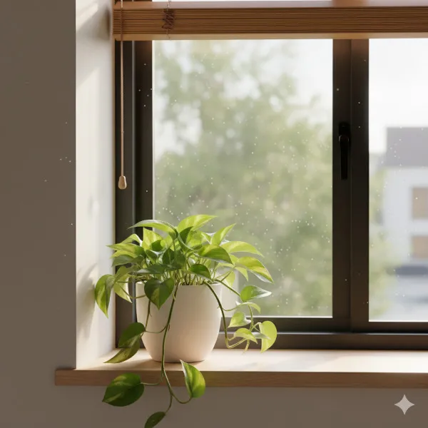 Chậu trầu bà được đặt bên cạnh cửa sổ có rèm che, nơi có ánh sáng gián tiếp