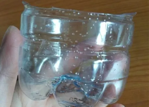 Cắt phần đáy của chai nhựa để chuẩn bị làm khay ươm tỏi thủy canh.