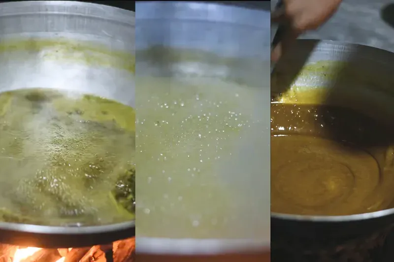 Cô đặc nước mía trên bếp, chuyển màu cánh gián, bước cuối của cách trồng mía ép nước